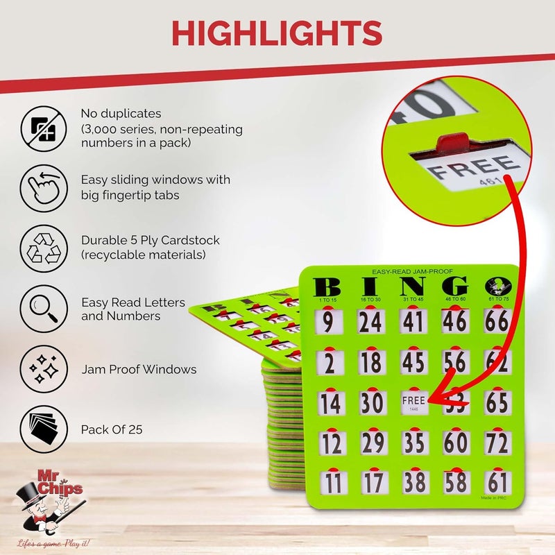 Mr Chips Jam-Proof Easy-Read Large Print Fingertip Bingo Cards with Sliding Windows 25 Pack in Green Style - Image 3